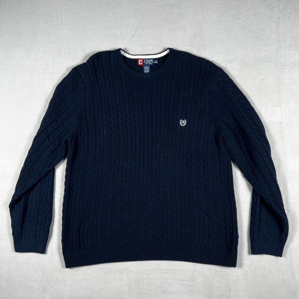 CHAPS Mens Sweater Navy Blue Cable Knit Pullover Crewneck XL Cotton Classic